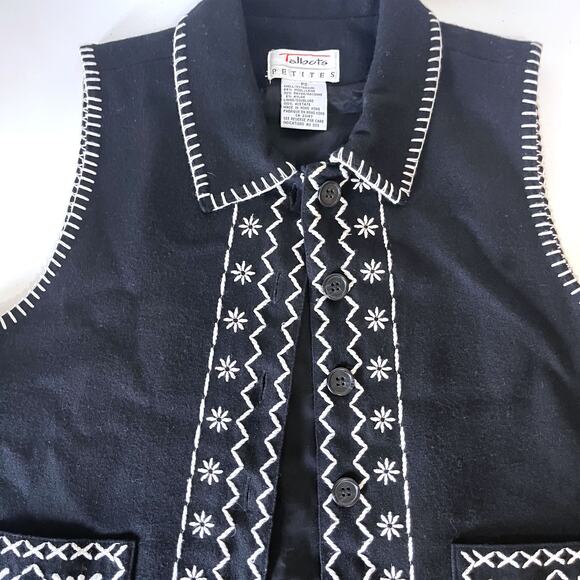 TALBOTS VTG Florals Snowflake Embroidered Wool Vest in Black White Size PS - Picture 5 of 13
